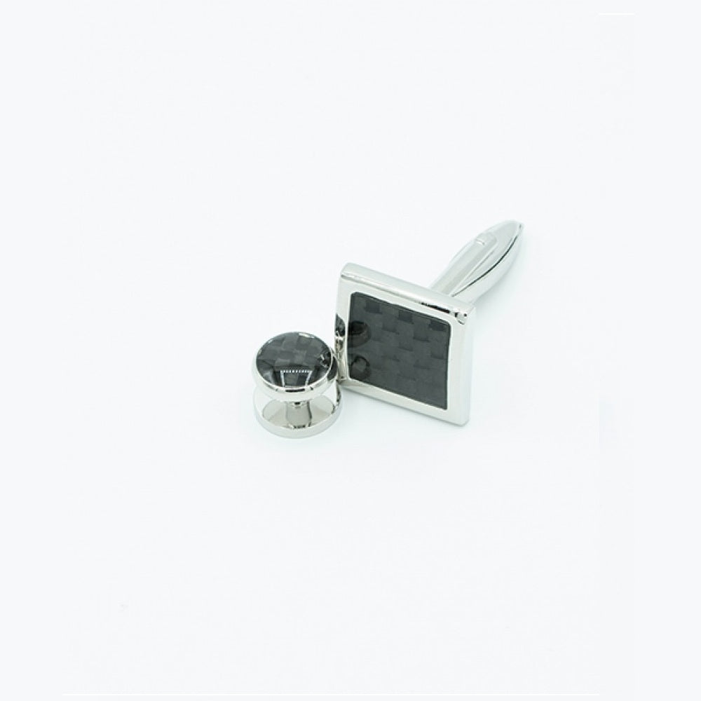 Black Carbon Square Silver Setting Formal Set/4 Round Studs